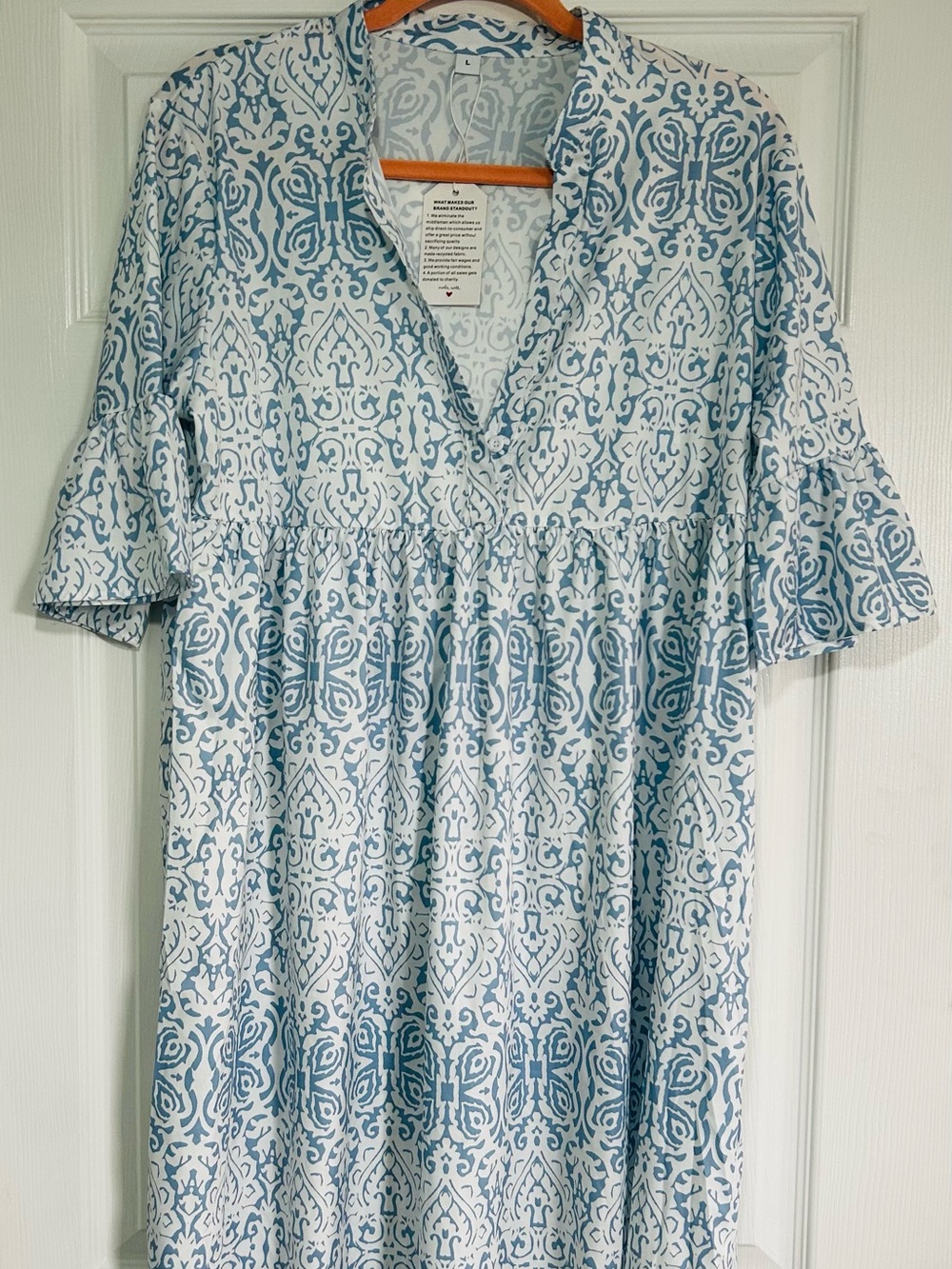 Light Blue and White Printed V-Neck Babydoll Dress, Ruffle Sleeves, size L